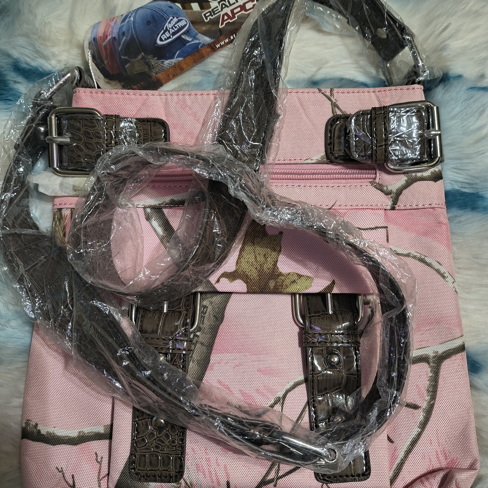 Realtree Pink Camouflage Crossbody Bag with Brown Buckle Accents - Picture 15 of 15